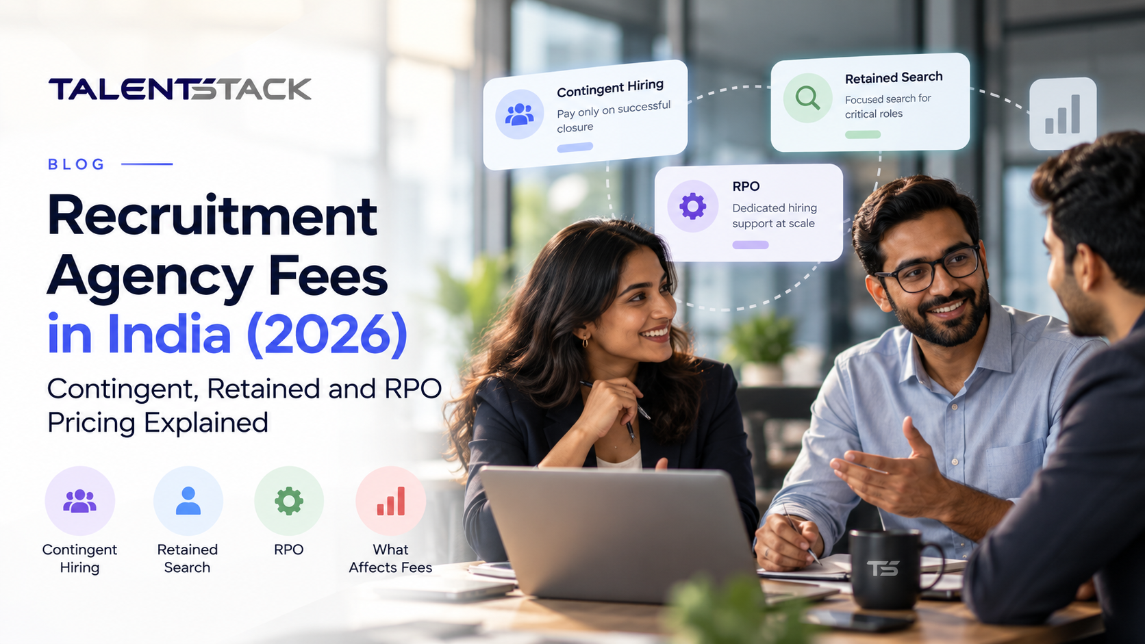 A clean professional blog cover for TalentStack about recruitment agency fees in India, showing hiring, pricing and team-building concepts in a modern corporate style.