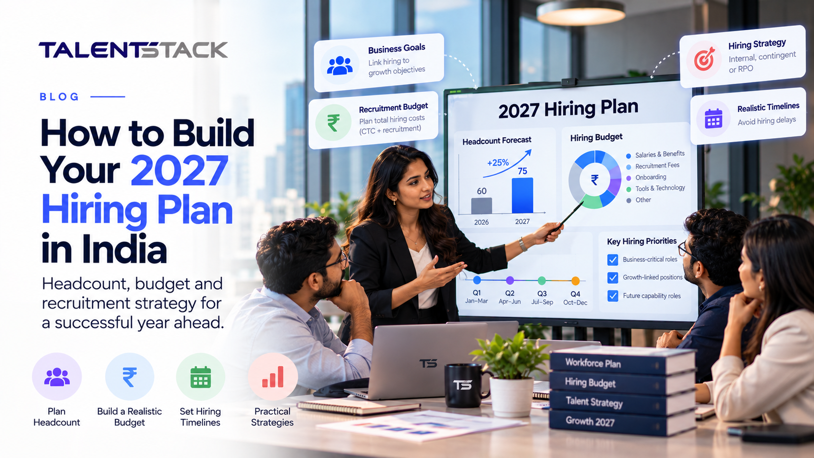 TalentStack blog cover showing Indian HR and business leaders planning their 2027 recruitment strategy, with headcount forecasts, hiring budgets, quarterly recruitment timelines and workforce planning priorities.